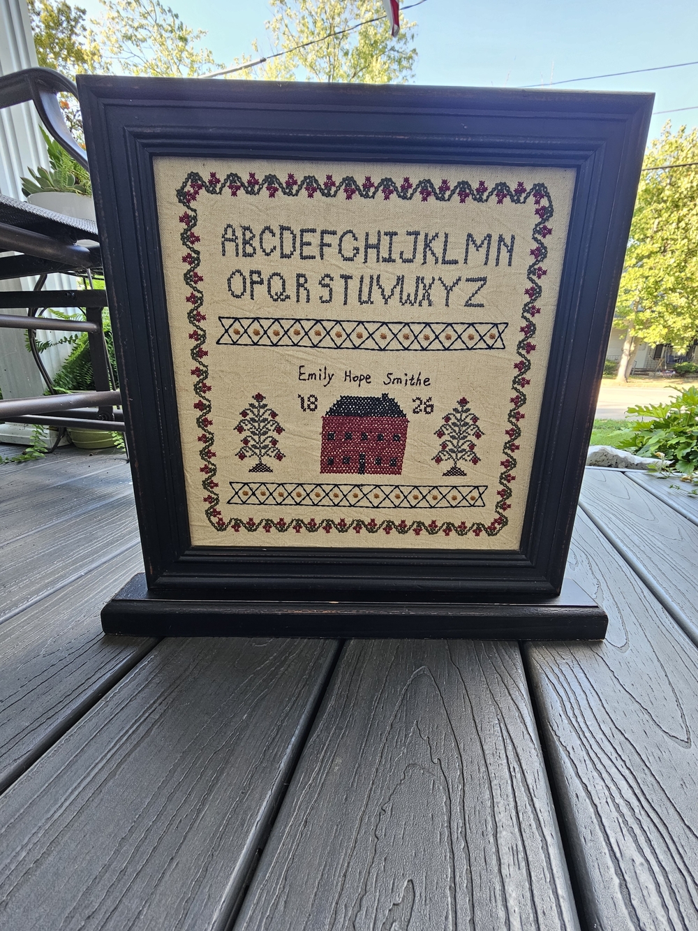 Framed Cross-Stitch Sampler in Black Frame - Red and Black Design